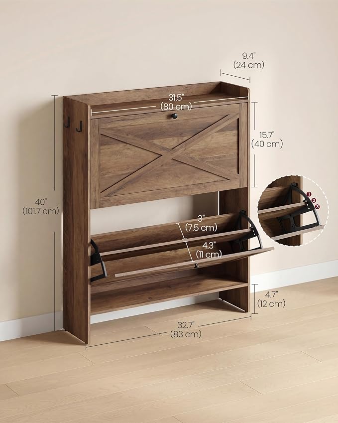 VASAGLE Narrow Shoe Storage Cabinet Organizer with 2 Flip Drawers | Freestanding Shoe Rack, Fits 14 to 16 Pairs, for Entryway, Farmhouse Style, Honey Brown, HAINS Collection UHSC203KB01S - Image 2