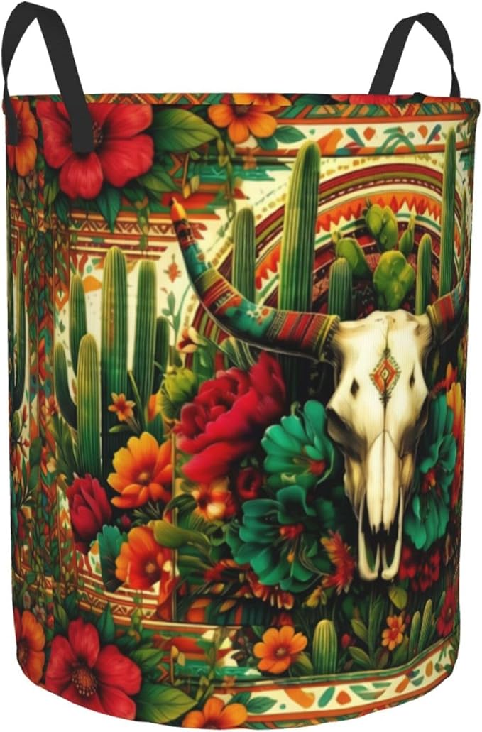 Western Skull Cactus Laundry Basket Foldable Laundry Hamper With Handles Clothes Storage Bucket Organizer Laundry Bag For Bedroom Bathroom Laundry Storage 19.6 x 15.7 - Image 9