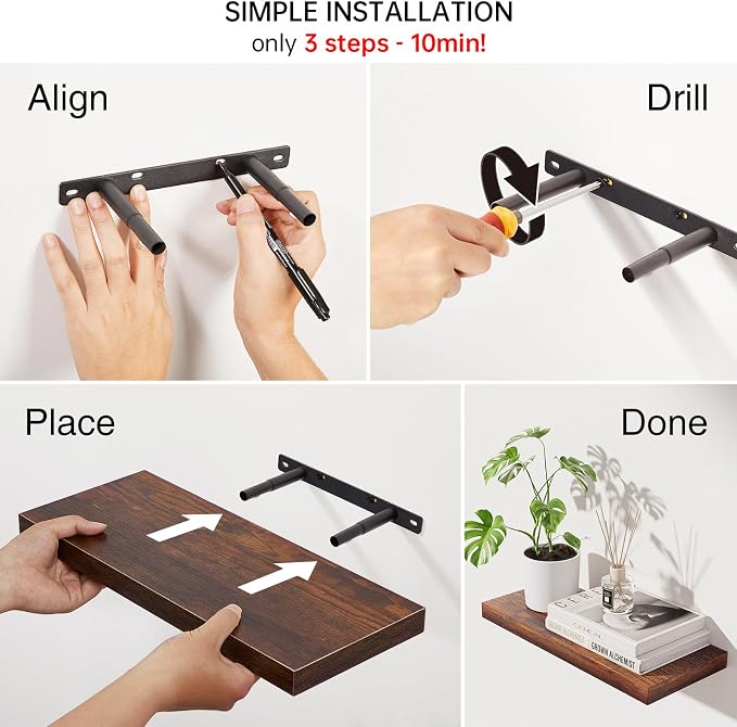 BAYKA Rustic Brown Bathroom Floating Shelves, 15.7in, 3Pk, Wall Mount Shelf - Image 8