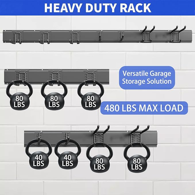 Garage Tool Organizer Wall Mount, 48 Inch Heavy Duty Garden Tool Organizer Storage System, Easy Install with 7 Adjustable Hooks, for Garage, Basement, Shed, Workshop, Black, Steel - Image 3