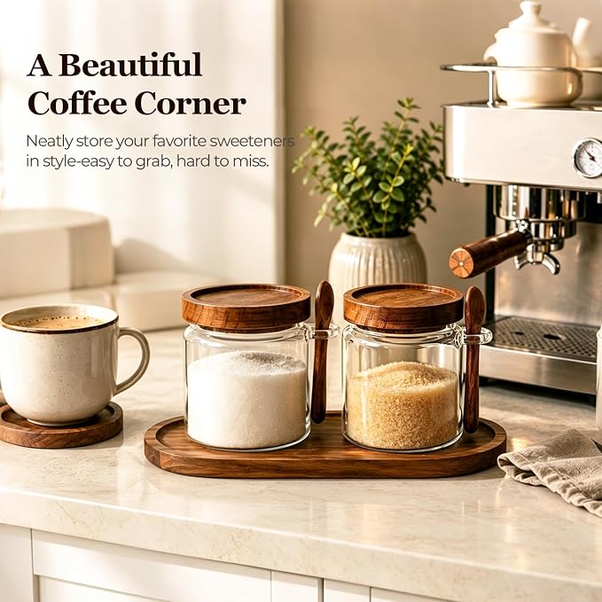 ComSaf Sugar Jars with Acacia wood Lids and Spoons 0.5Qt 2Pack, Decorative - Image 2