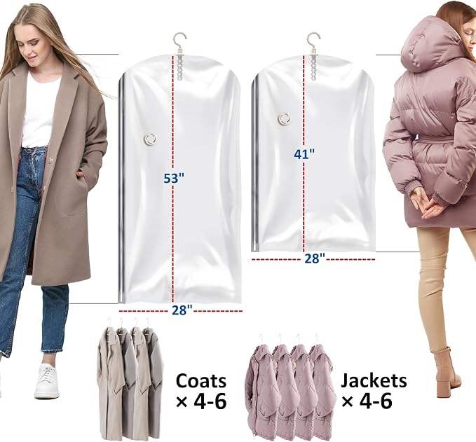 Hanging Vacuum Storage Bags, Space Saver for Clothing, 4 Combo with Pump | Vacuum Seal Bags for Clothing with Electric Pump, Hanging Garment Storage for Jackets, Suit, Dresses, Winter Closet Organizer - Image 4