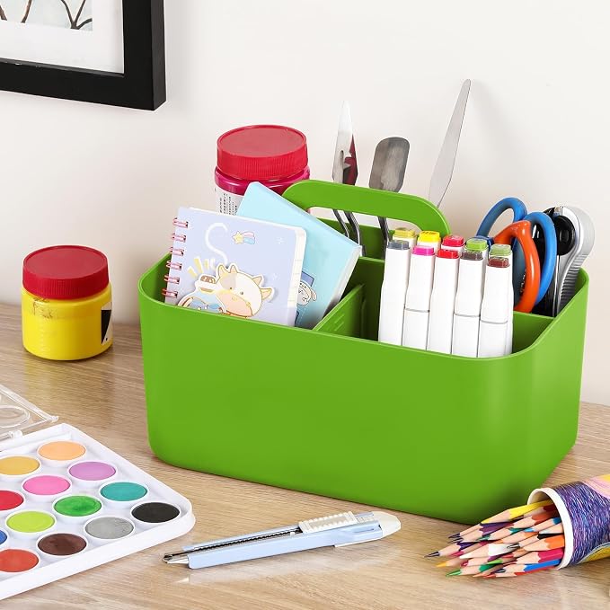 Multiuse Caddy Organizer with Handle, Portable Divided Plastic Tote Bin - Art Craft, Stationary Pen Marker Crayons, Makeup Hair Supplies Storage - Bathroom, Classroom, Dorm, Office, Desk Holder -Green - Image 4