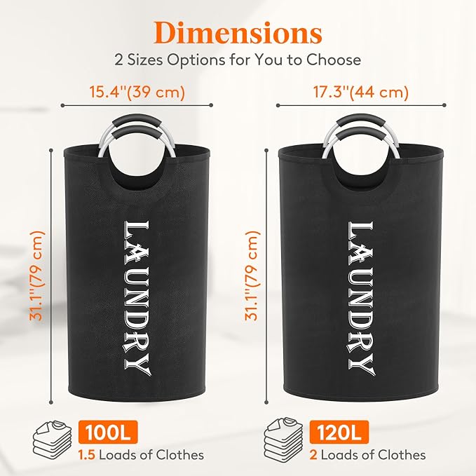 Lifewit 120L 2-Pack Large Laundry Basket, Collapsible Laundry Hamper with Aluminum Handles, Waterproof Freestanding Dirty Clothes Hampers for Laundry Room Bedroom Dorm Bathroom, Black - Image 2