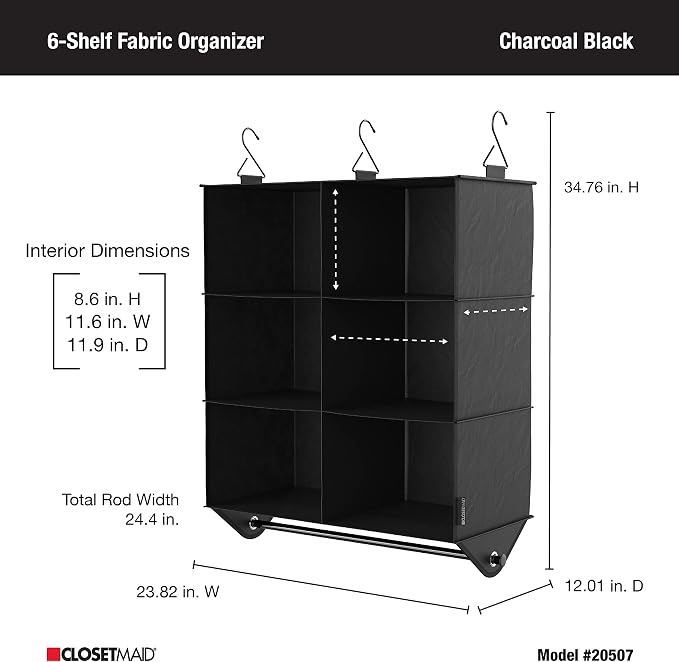 ClosetMaid 6-Shelf Fabric Hanging Closet Organizer with Garment Rod for Shirts, Sweaters, Pants, Hats, Shoes, Purses with Charcoal Black Finish - Image 5