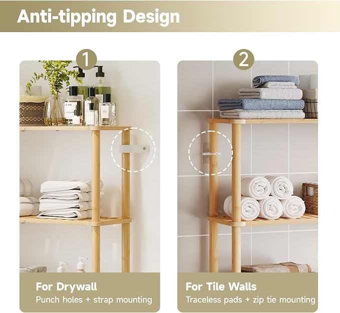 Over The Toilet Storage,3-Tier Bamboo Bathroom Shelf with Paper Holder - Image 6