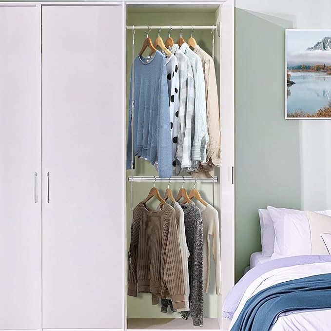 STORAGE MANIAC Hanging Closet Rod, Adjustable Width and Height Closet Hanging Organizer, Space-Saving Clothes Hanging Bar, Closet Extender Hanging Rod Double Closet Hanging Rod, 1 Pack Chrome - Image 6