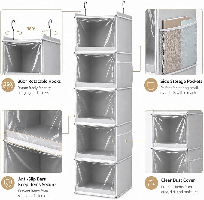Vailando 5-Shelf Hanging Closet Organizer with Clear Dust Covers, Gray | Individual Clear Covers, Reinforced PP Shelves, 4 Side Pockets and Anti-slip Front Bars for Clothes, Shoes and Purses - Image 6