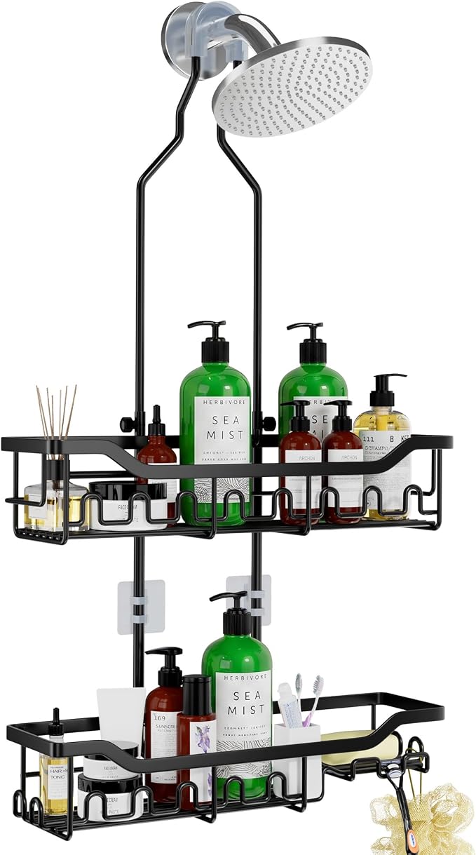Shower Caddy Hanging Organizer, Extra Large Rack Over Showerhead with Hooks, Adjustable Height Shower Caddy for Big Shampoo Bottle, Black by Joqixon