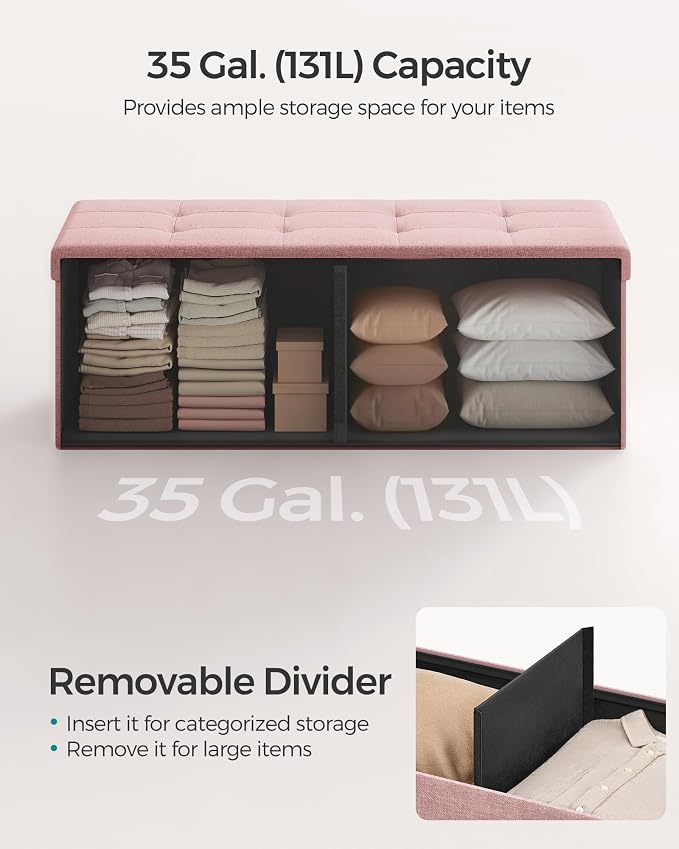 SONGMICS 43.3 Inches Folding Storage Ottoman Bench, Load 660 lb | Ottoman Foot Rest, Storage Chest, for Living Room, Entryway, Jelly Pink and Ink Black, MINOTA Collection ULSF077R11 - Image 4