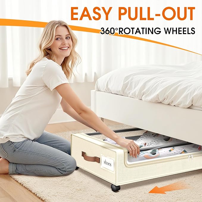Under Bed Storage with Wheels 2Pack Storage Containers with Clear Window | Under Bed Drawers Rolling Under Bed Storage for Clothes,Shoes, Blankets (30.71 x 16.93 x 6.69 in, Beige) - Image 4