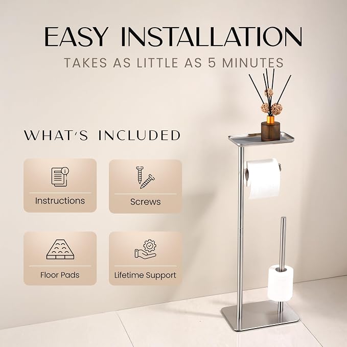 Day Moon™ - Toilet Paper Holder - Modern Roll Holder for Bathroom - 1 Pack - Free Standing - with Shelf, Brushed Nickel - Image 4