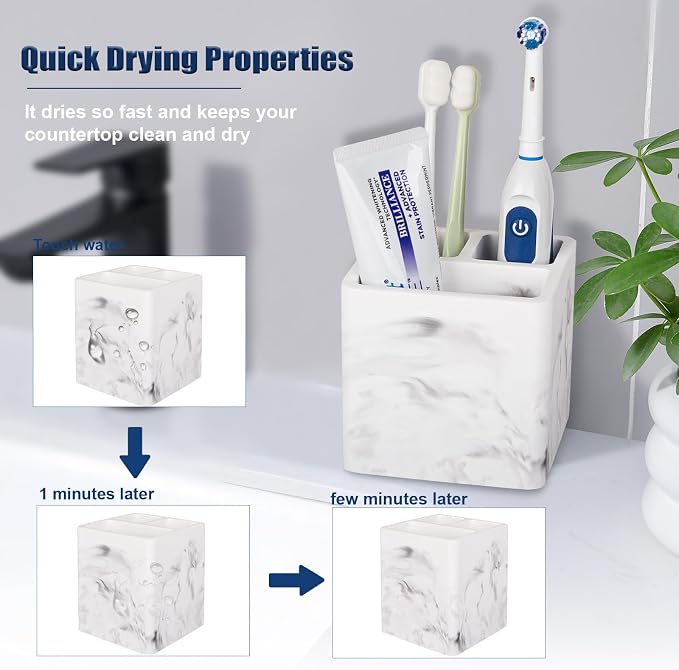 Diatomite Toothbrush Holders Tooth Brush Organizer, 2 Pack, Marble White - Image 3