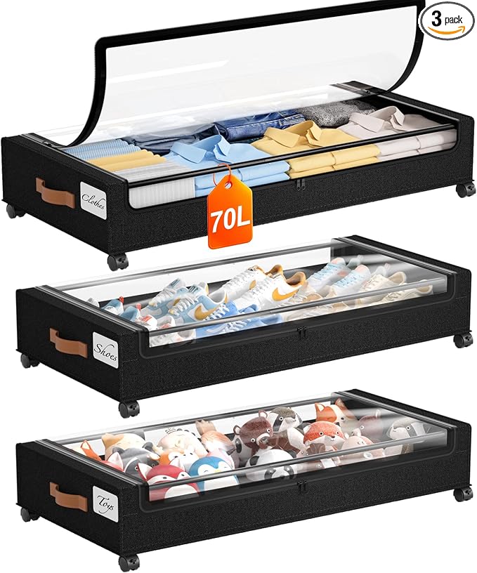 Yecaye 70 L Under Bed Storage with Wheels, 3 Pack Larger Capacity Under Bed Storage Containers, Underbed Shoe Storage Organizer, Rolling Under Bed Metal Drawers for Clothes, Blankets, Black by Yecaye