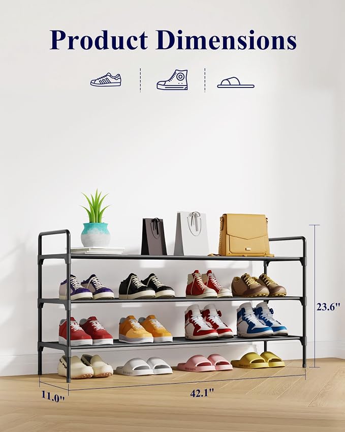 Kitsure Shoe Rack for Closet, Shoe Storage, 42.1" Wide - 3 Tiers, Black | Shoe Organizer for Closet, Entryway, Living Room, Space-Saving Shoe Shelf, Sturdy Zapateras Organizer - Image 3