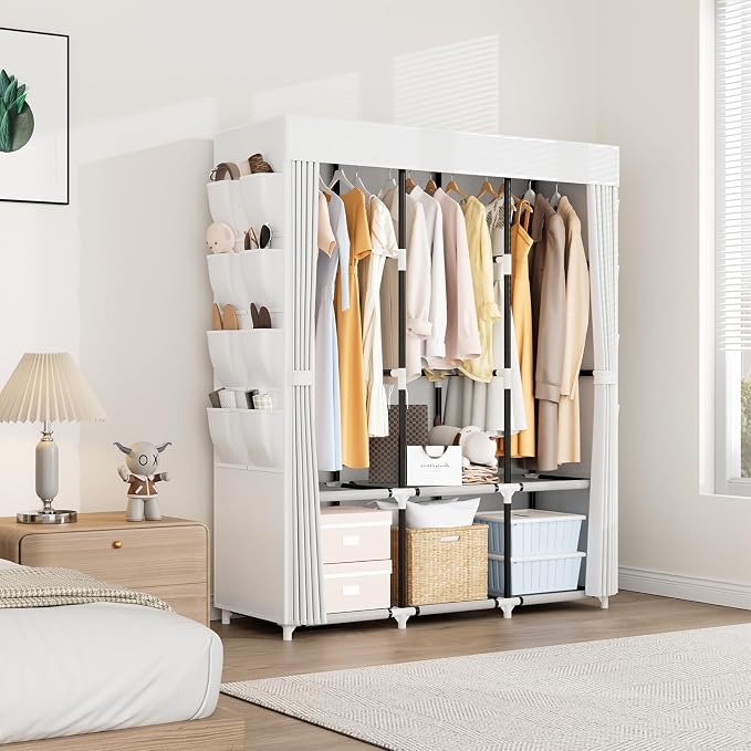 Portable Closet with Cover, 3 Hanging Rods and Side Pocket, Sturdy Free Standing Closet, White - Image 7