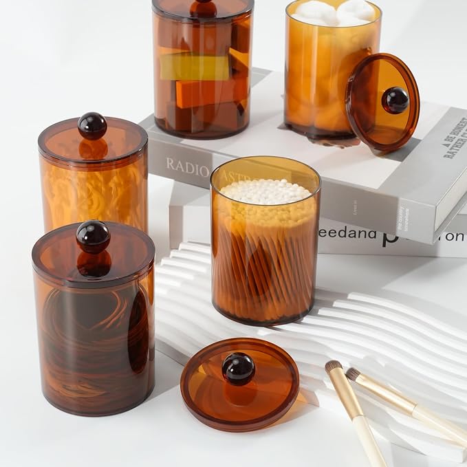 4 Pcs Acrylic Qtip Holder, Cotton Ball Holder Jars with Lids, Brown - Image 5
