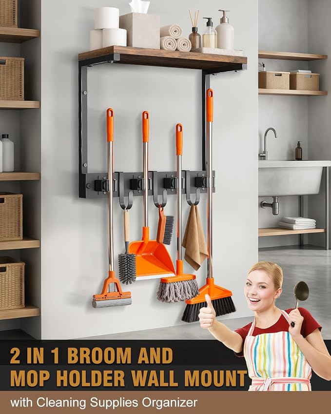 Supforce Small Broom Holder Wall Mount with Shelf, 4 Slots 3 Hooks - Image 2