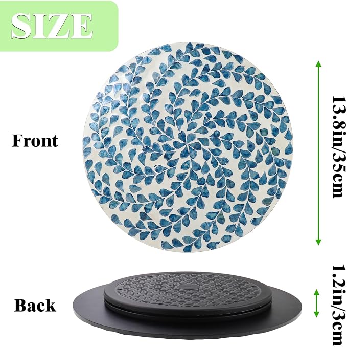 13.8" Mother of Pearl Lazy Susan Turnable Organizer, 360 Degree Round Table Countertop Decorative Spinning Tray for Kitchen Cabinet Counter Spice Pantry Dinner Table (Blue Wicker) - Image 2