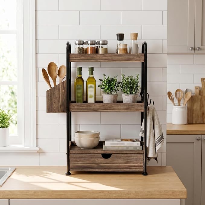 3-Tier Bathroom Counter Organizer with Drawer, Wooden Vanity Skincare Shelf - Image 2