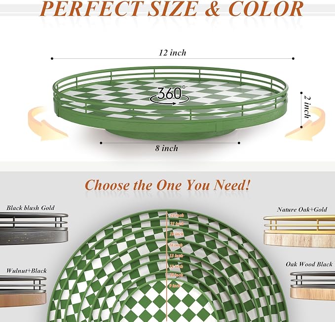AMH 12-Inch Green and White Checkerboard Lazy Susan with Rubberwood Base - Image 6