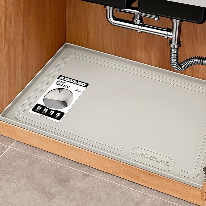 Under Sink Mat 34" X 22", Waterproof Silicone Cabinet Kitchen Liner, Beige by AisslroDirect
