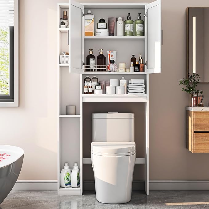 Over The Toilet Storage Cabinet with 7 Storage Shelves, Above Toilet Bathroom Organizer with Toilet Paper Holder Stand, Behind Toilet Cabinet, Space Saver for Restroom, Bathroom, Laundry, White - Image 3