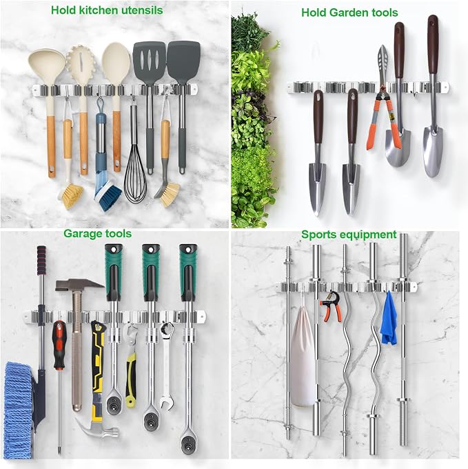 voze 5 Racks and 4 Hooks Mop and Broom Holder Wall Mount, Self Adhesive Heavy Duty Broom Hanger Organizer Storage Tool Racks for Kitchen Garden Laundry Garage - Image 7