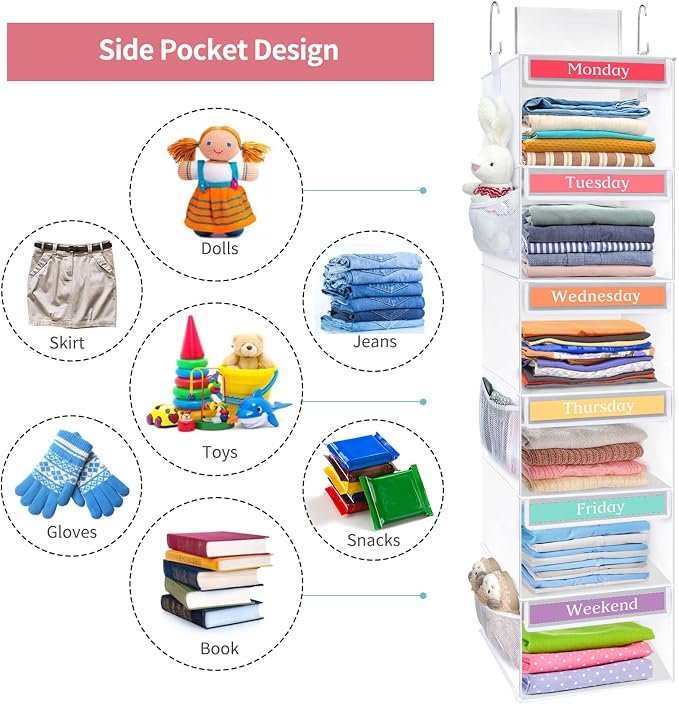 Fixwal Weekly Kids Clothes Organizer 6-Shelf Hanging Closet Storage White | Nonwoven Fabric, 6 Daily Shelves, 6 Mesh Side Pockets, 2 Metal Hooks, Foldable Design, for Kids Outfits and Accessories - Image 6