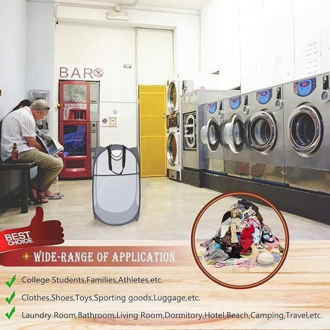 HOUSE AGAIN 2Pack Strong Mesh Pop Up Laundry Hamper, 70L Collapsible Laundry Basket with Steel Frame, Double‑Stitched Handles & Side Pocket, Foldable Dirty Clothes Hamper for Dorm, Bedroom, Grey - Image 9