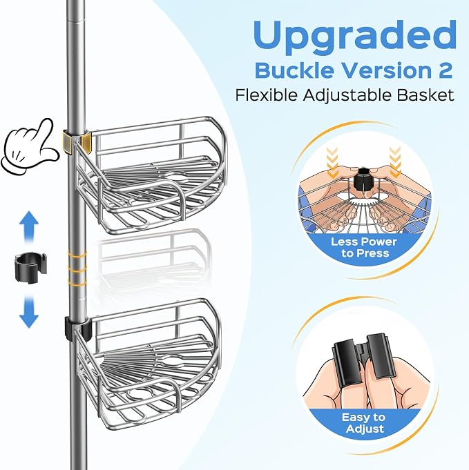 HAMITOR Corner Shower Caddy Tension Pole, Space-saving Bathtub Shelves - Image 6