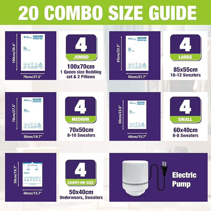 HIBAG Vacuum Storage Bags with Electric Pump, Vacuum Seal Bags for Clothing, Pillows, Blanket Bedding Comforters, 20 pack - Image 2