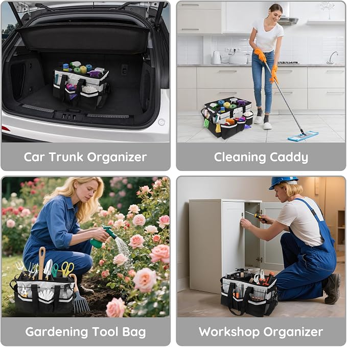 ZKOO Large Cleaning Caddy Bag with Handle, Built-in Sturdy Support Board, Adjustable Shoulder Strap, Multi-compartment Design Cleaning Supply Tote for Cleaners & Housekeepers (White) - Image 7