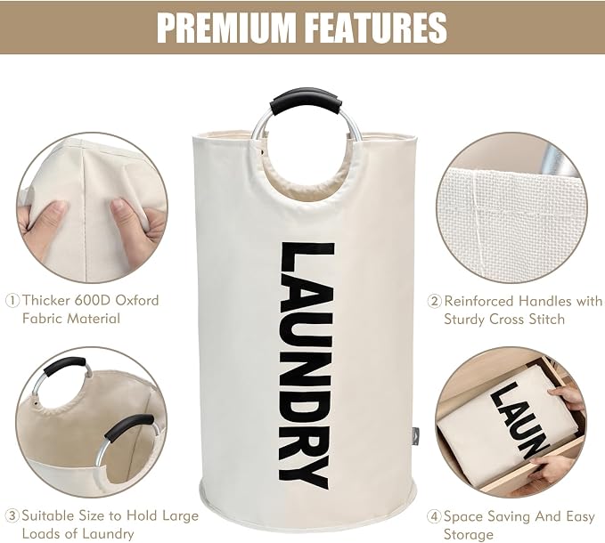 DOKEHOM 90L Large Laundry Basket Bag, Collapsible Tall Hamper, Beige - Image 7