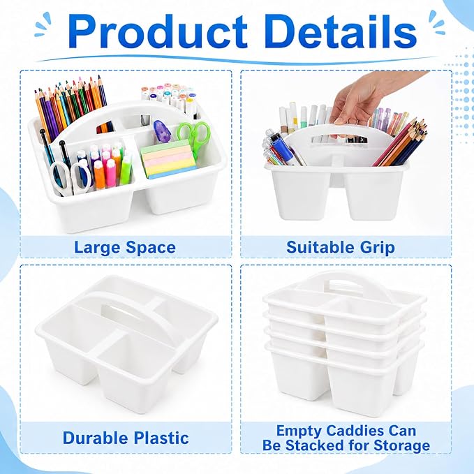 6 Pack 4 Compartment Classroom Caddy with Handle, White - Image 3