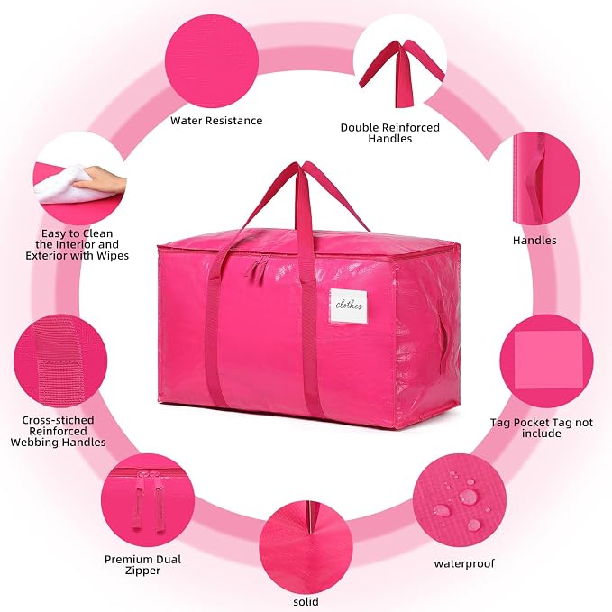 Moving Bags Heavy Duty Hot Pink – Large Packing Bags for Moving, Extra Large Storage Totes with Zippers and Handles - Image 5