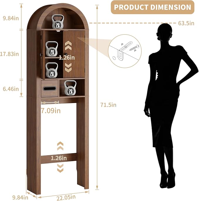 Arched Over the Toilet Storage Cabinet with Fluted Wood Doors, Walnut - Image 2