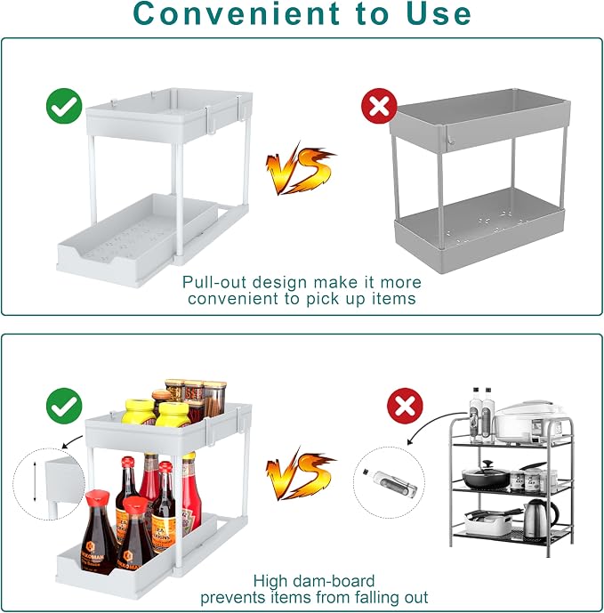 DEKAVA Cabinet, 2 Pack Under Sink Organizer, 2 Tier Sliding Bathroom Kitchen Organizer, Large White ABS Baskets, Easy Install & Clean - Image 3