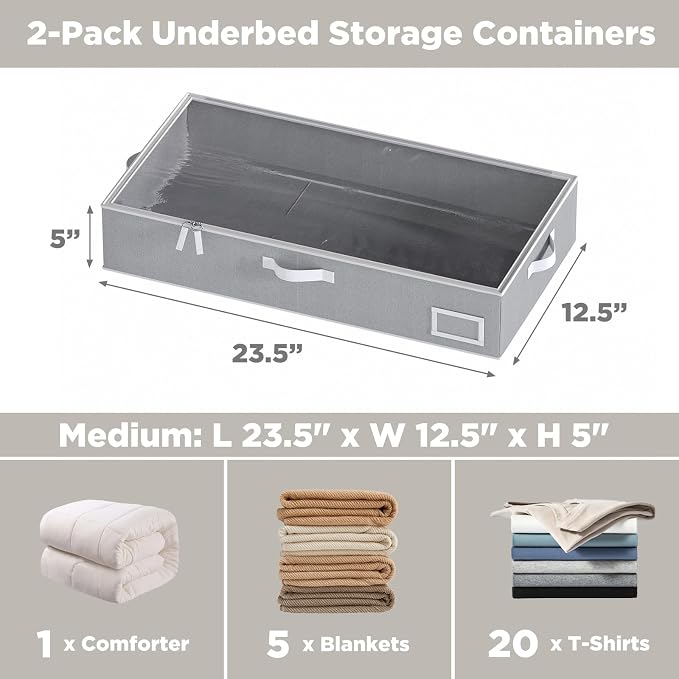 Under Bed Storage, Under Bed Storage Containers Bins for Clothes, Large Linen Underbed Closet Organization Bins, 2 Pack Collapsible Underbed Bin Dorm for Clothes, Sweater, Gray - Image 2