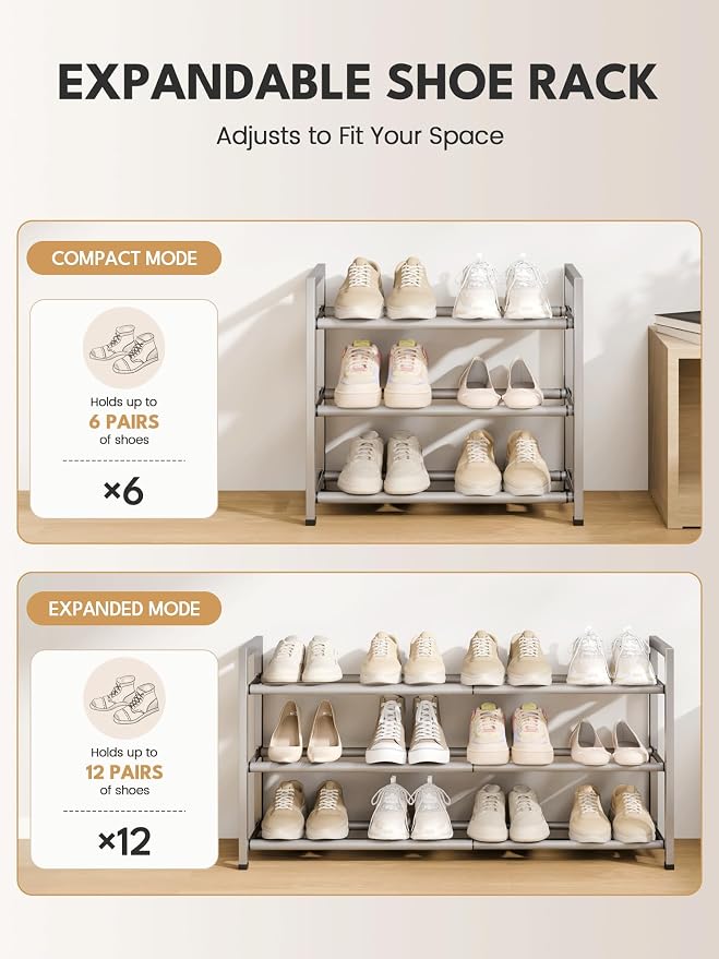 Bumusty 3 Tier Expandable Shoe Rack for Closet, Light Grey | 18"-33" Adjustable Shoe Rack for Entryway, Small Shoe Organizer for Dorm, Front Door, Sturdy Metal - Image 6