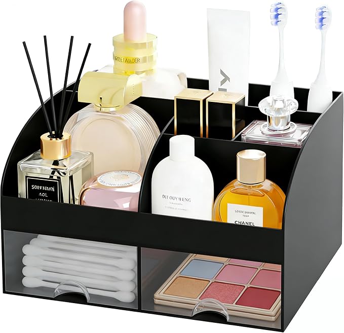 Makeup Organizer with 2 Drawers, Cosmetic Storage for Dresser Vanity and Bathroom Countertop,Make up organization and Skincare Storage with Beauty Brush Holder, Cosmetic Display Case 2Pcs Black - Image 5