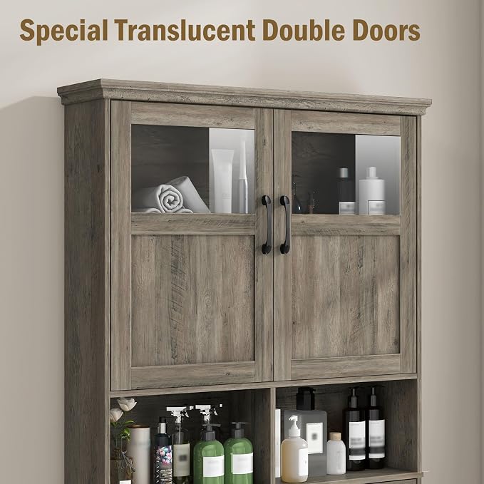 Vabches Over The Toilet Storage Cabinet with Doors & Paper Holder, Grey - Image 6