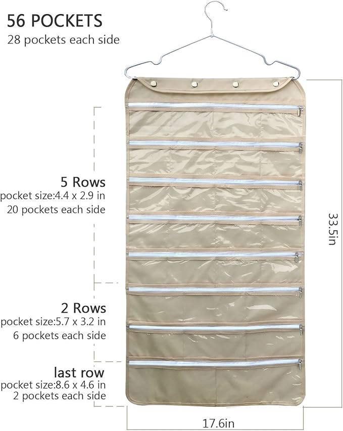 BB Brotrade Hanging Jewelry Organizer,Accessories Organizer,56 Zipper Pocket Organizer for Holding Jewelries (Beige-Zipper) - Image 3