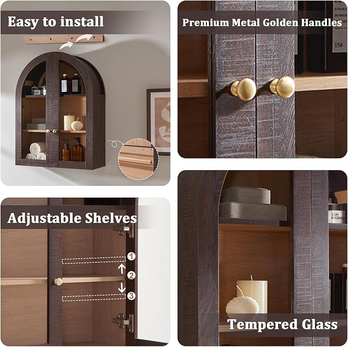 Bathroom Arched Wall Cabinet Over The Toilet Storage Cabinet, 23.5×31.4 Inch bathroom cabinet wall mount with Glass Doors & Adjustable Shelves, Wood Cabinet for Laundry Room, Kitchen, Brown/Natural - Image 5