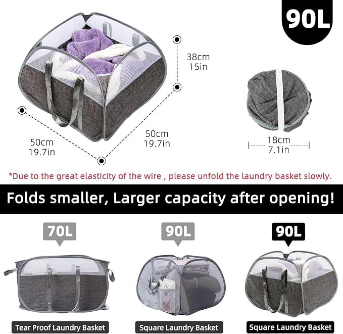 Collapsible Laundry Basket, 90L Tear Proof Mesh Pop-up Hamper 2PCS - Image 2