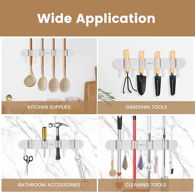 2Pcs Broom Holder Wall Mount, No-Drilling Self-Adhesive Mop and Broom Storage Rack with Hooks (4 Racks with 5 Hooks), Wall-Mounted Broom Hanger for Bathroom, Kitchen, Closet, Garage (White ﻿) - Image 2