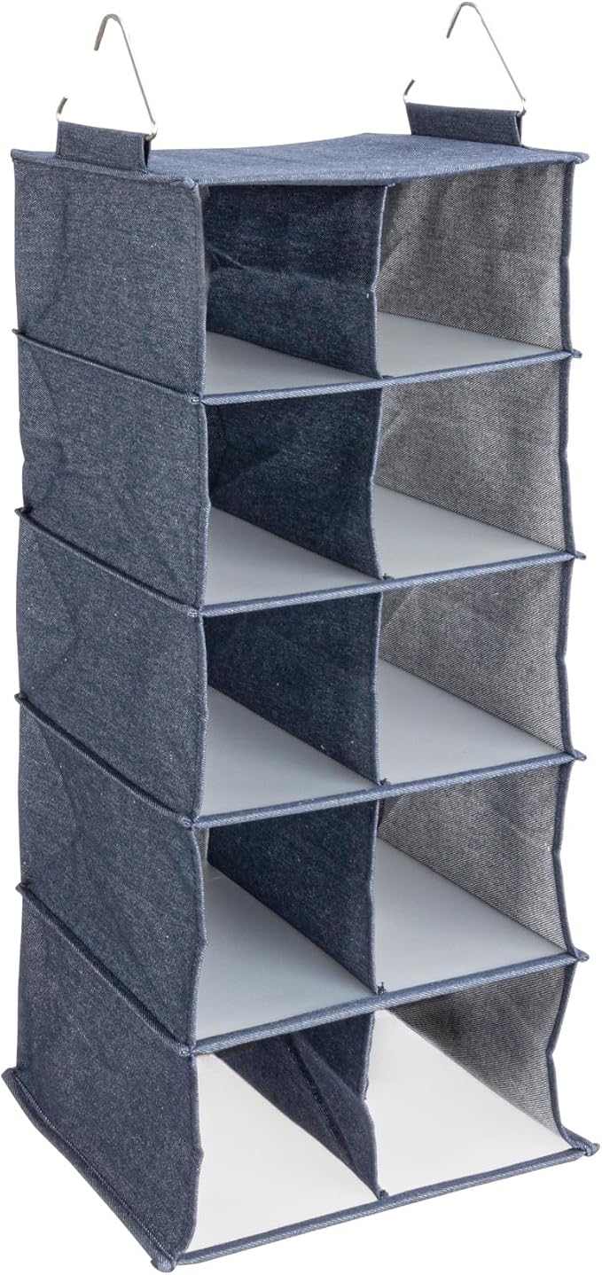 Household Essentials Hanging Cotton Blend and Plastic Closet Shoe Organizer with 10 Storage Compartments, Denim by HouseholdEssentials
