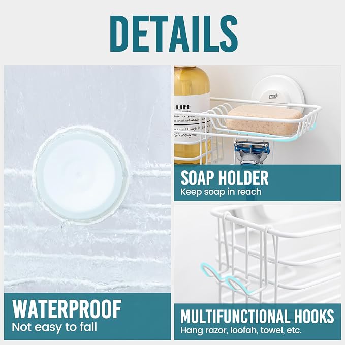 TAILI Shower Caddy Suction Cup with Hooks, No Drill Shower Shelf, White - Image 5