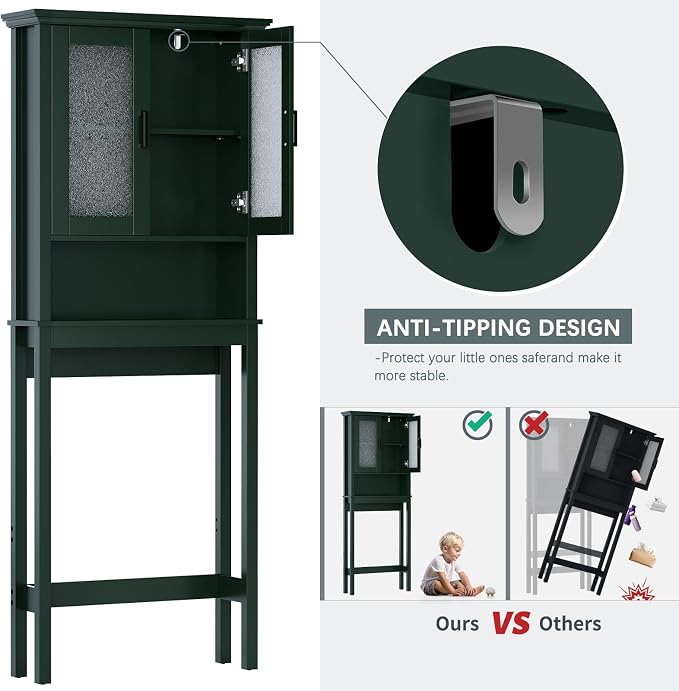 Over The Toilet Storage Cabinet, Over Toilet Storage with Glass Doors and Adjustable Shelf, Thicken Frame Above The Toilet Storage Cabinet Behind The Toilet Bathroom Organizer, Forest Green - Image 7