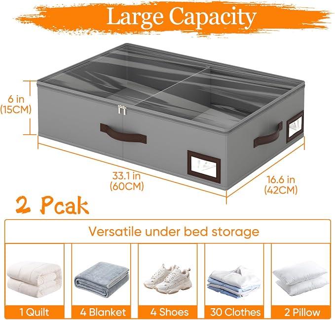 OIAHOMY 2 Pack 38L Under Bed Storage with Adjustable Dividers, 6" Low Profile Underbed Storage Bins for Comforters & Clothes, Save Closet Space with Clear View Lid & Reinforced Handles, Grey - Image 2
